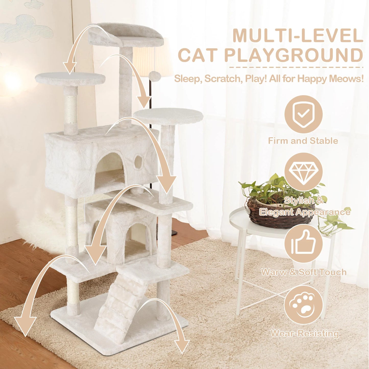 54In  Tower, Multi-Level Cat Tower Furniture Activity Center with Platform Scratching Posts Stand House Condo and Toy, Cat Condos for Indoor Cats Kitten Activity Relaxing, Beige