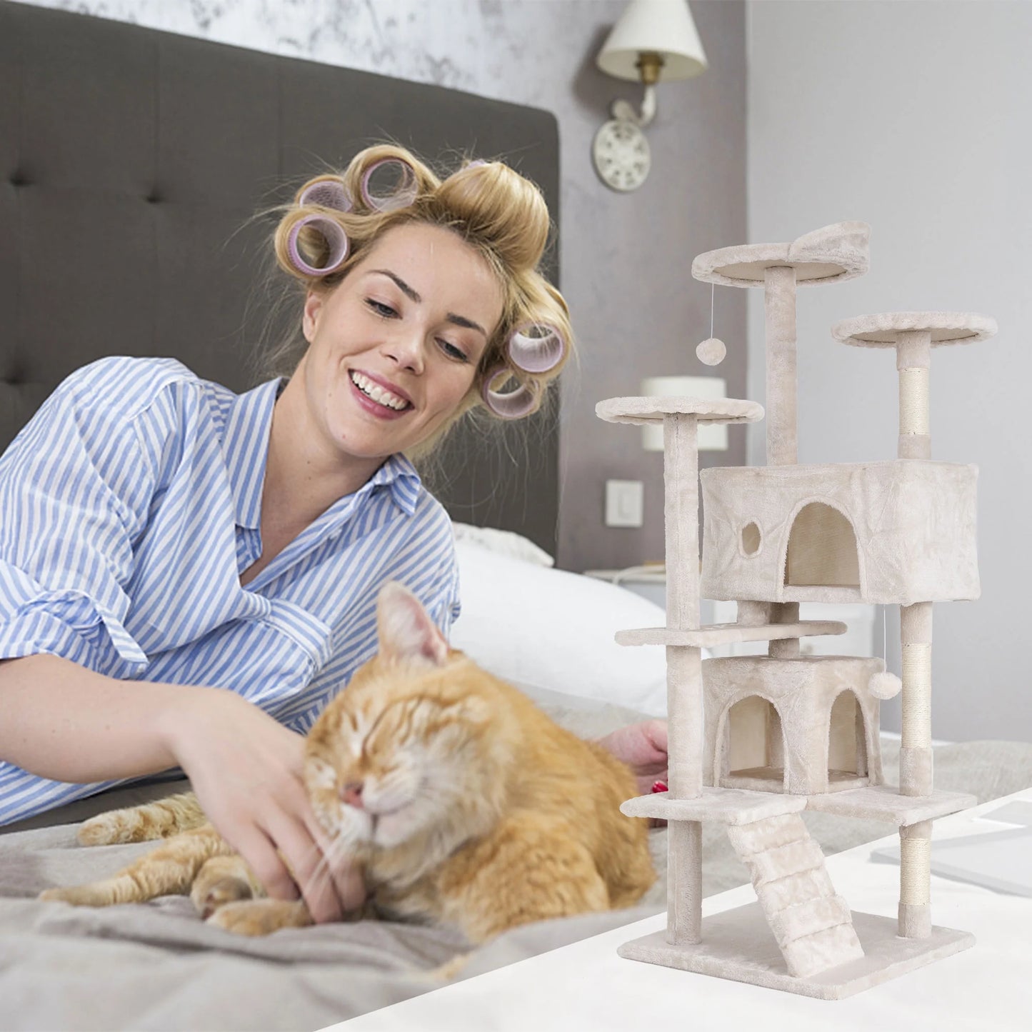 54In  Tower, Multi-Level Cat Tower Furniture Activity Center with Platform Scratching Posts Stand House Condo and Toy, Cat Condos for Indoor Cats Kitten Activity Relaxing, Beige