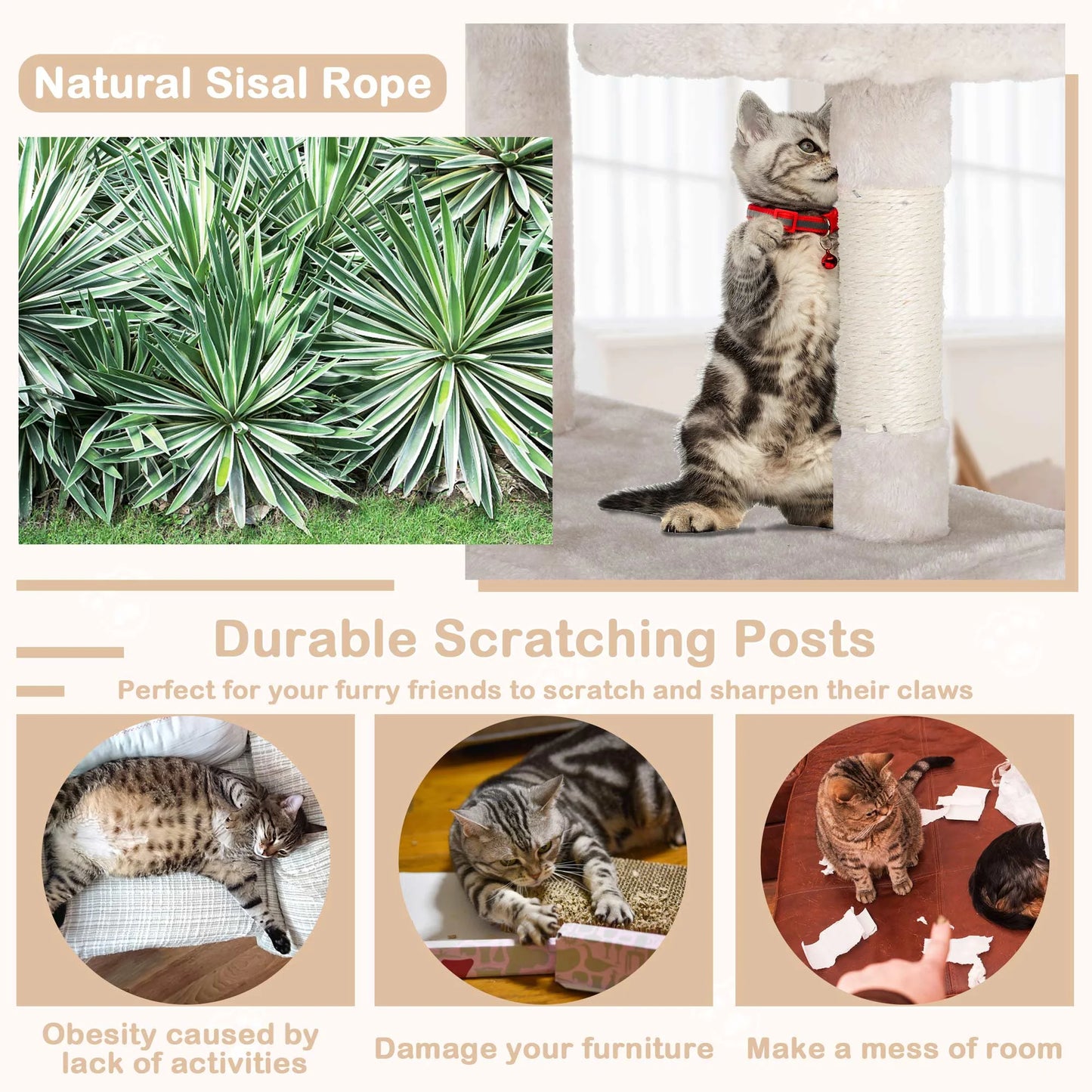 54In  Tower, Multi-Level Cat Tower Furniture Activity Center with Platform Scratching Posts Stand House Condo and Toy, Cat Condos for Indoor Cats Kitten Activity Relaxing, Beige