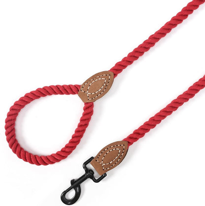 Dog Leash, Braided Cotton Rope Leashes with Leather Tailor Tip with Leather Tip - Heavy Duty Metal Clasp, 5FT, 1/2" Thick - Wedding, Walking Leash for Medium Large Dogs(Red)